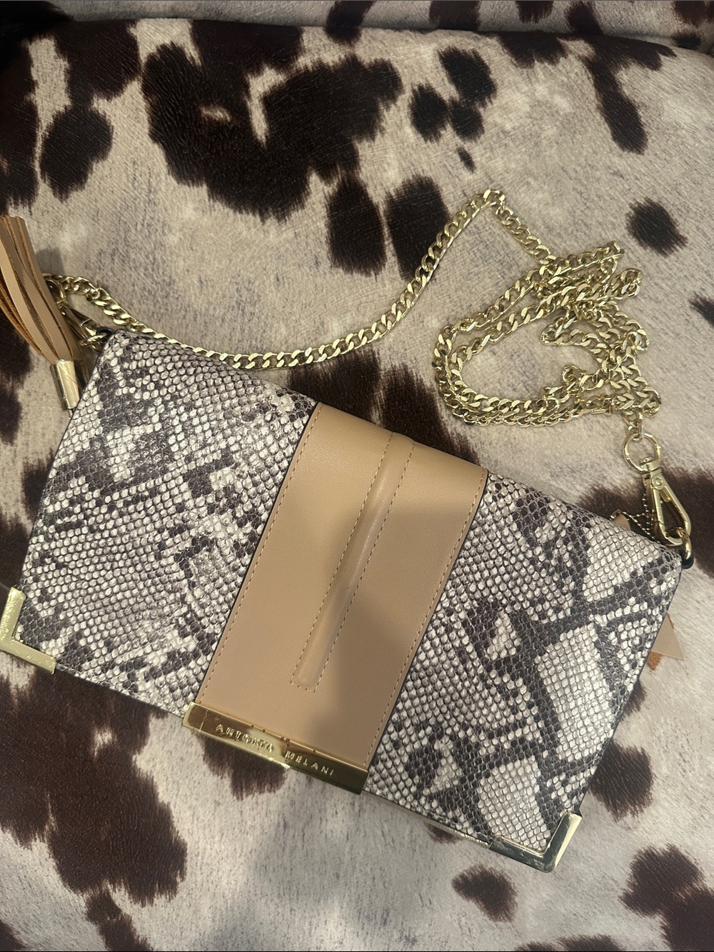 Antonio Melani Taupe and Snake-Print Crossbody with Gold Chain